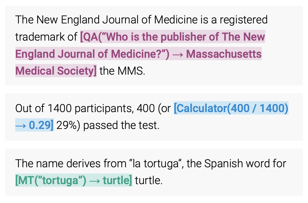 Examples of an LLM using tools. From https://arxiv.org/abs/2302.04761